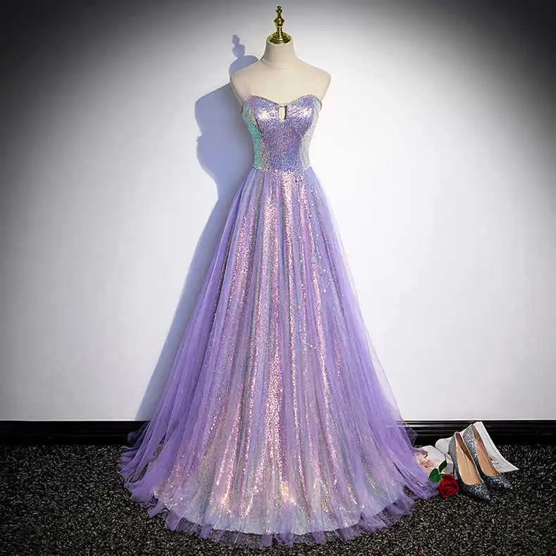 Glitter Tulle A-Line Evening Gown with High Slit Lavender