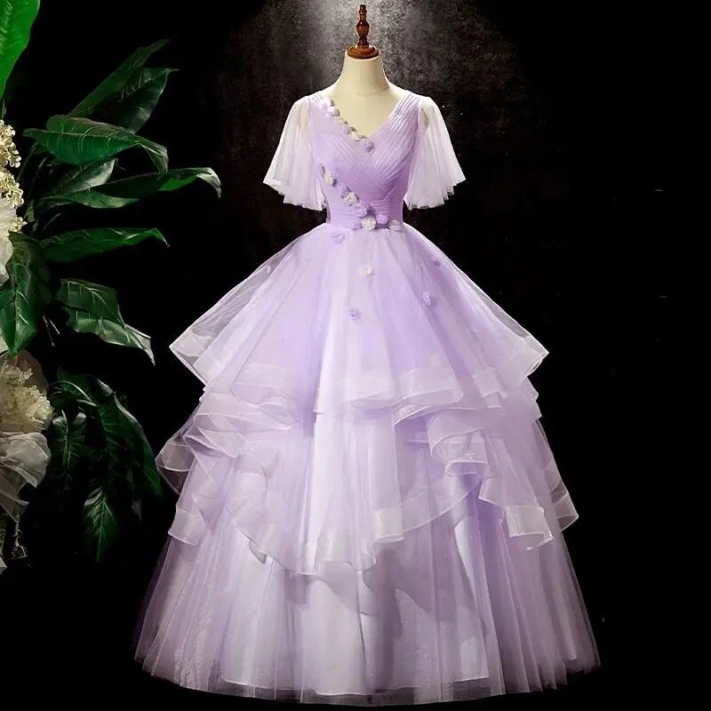 Embroidered Floral Tulle A-Line Gown with Tie Straps Lavender main image 1