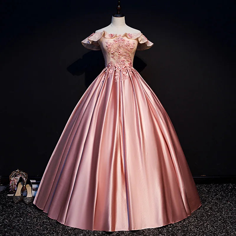 Pink Retro Fashion Elegant Long satin Ruffled Ball Gown Evening Dress gh3221 main image 0