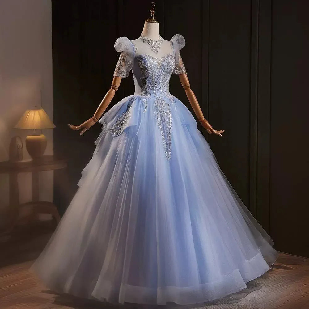 Blue Luxury Formal Birthday Party Organza Princess Gown