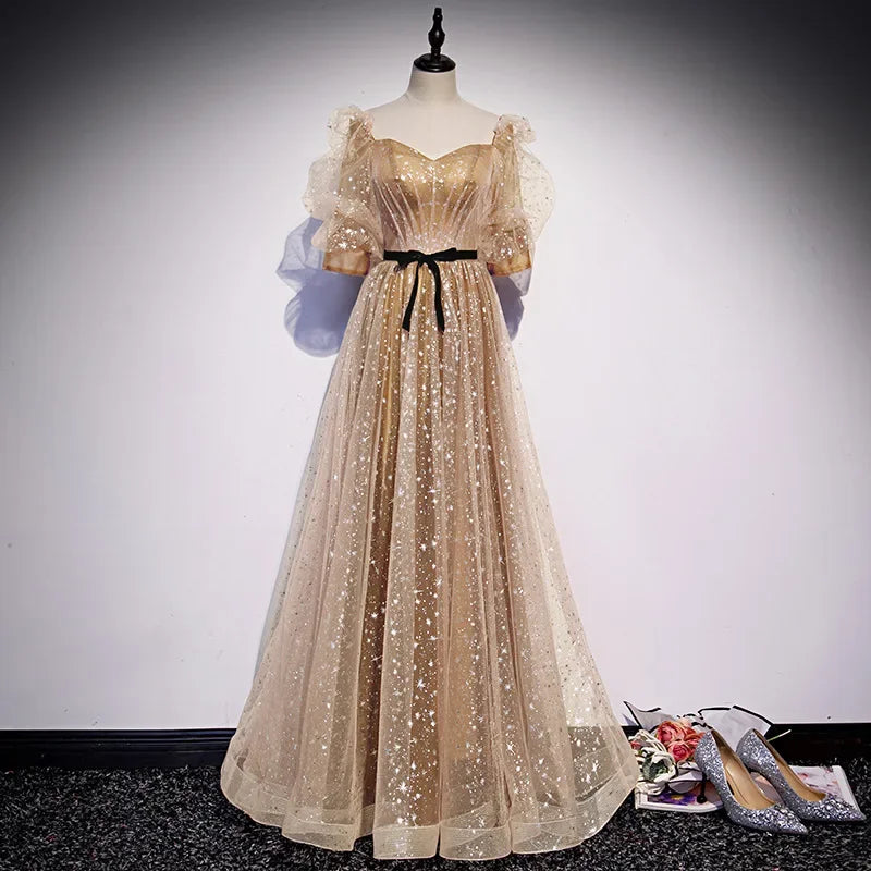 Sparkling Gold Gown With Sheer Puff Sleeves on Luulla