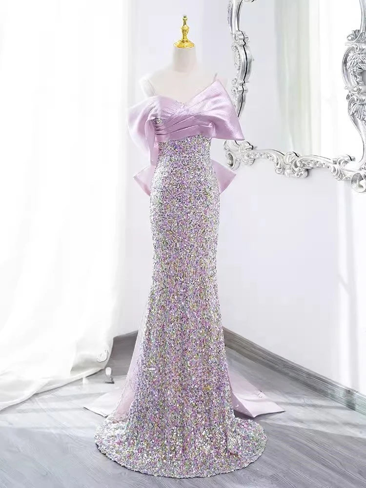 Sparkling Lavender Sequin Gown With Bow Accent on Luulla