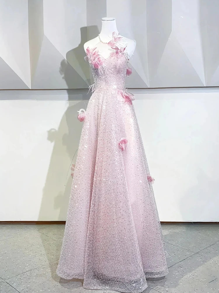 Sparkling Pink Gown With Floral Appliqué Design on Luulla