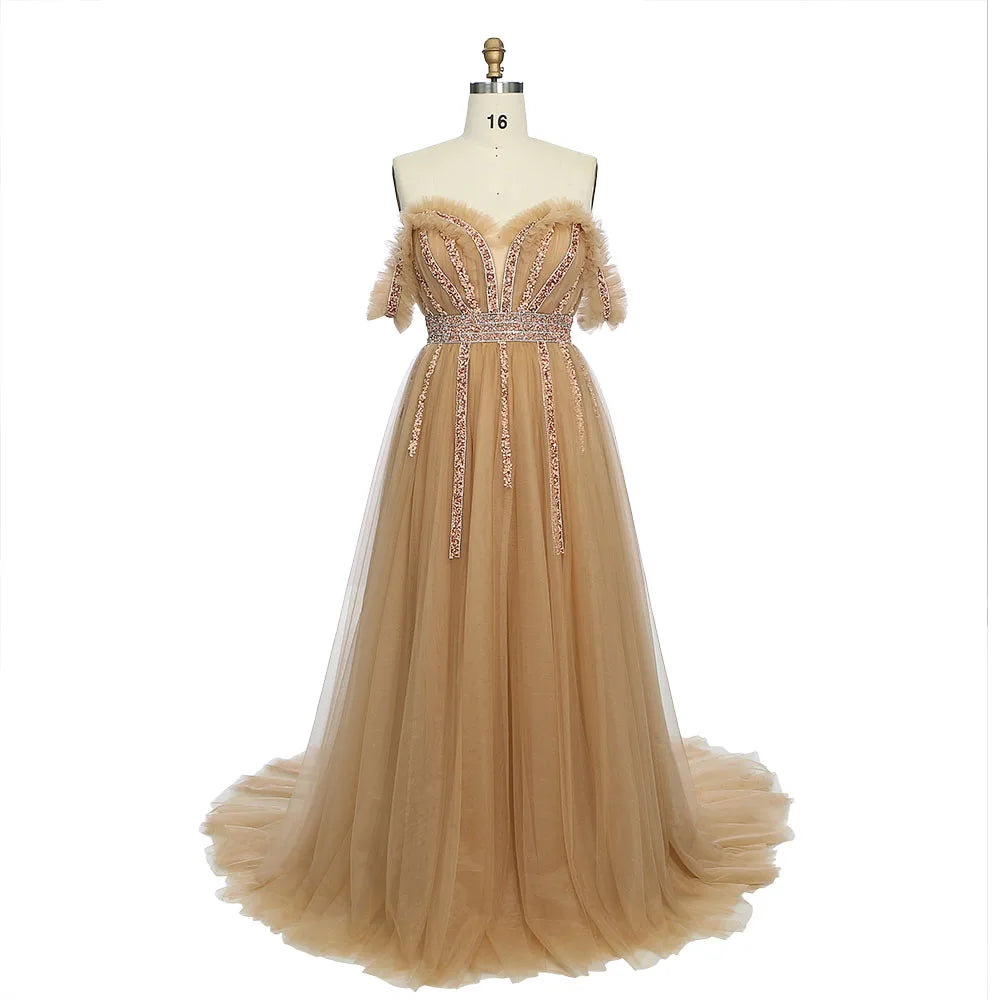 Strapless Beaded Tulle Gown With Train Detailing on Luulla