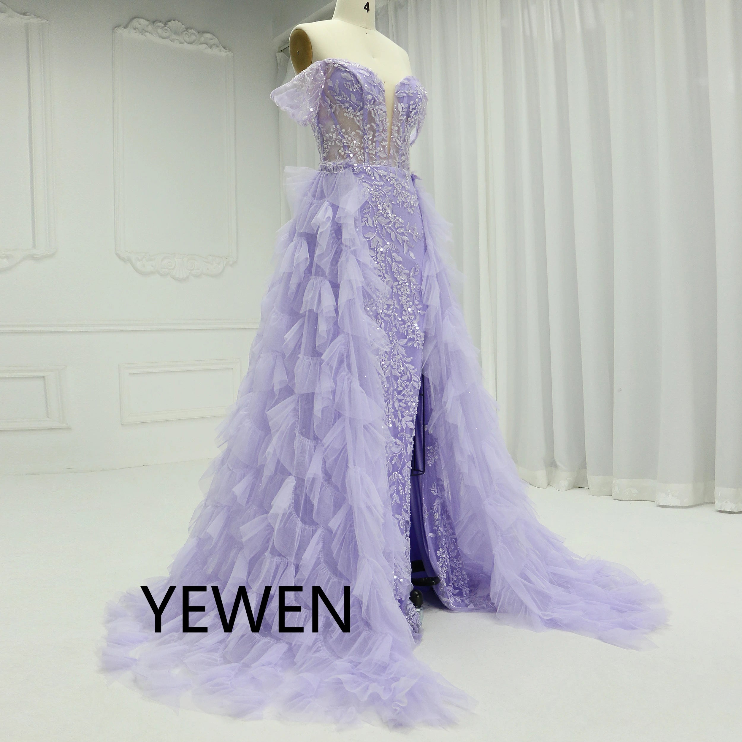 Lavender Off-shoulder Lace Gown With Ruffled Layers on Luulla