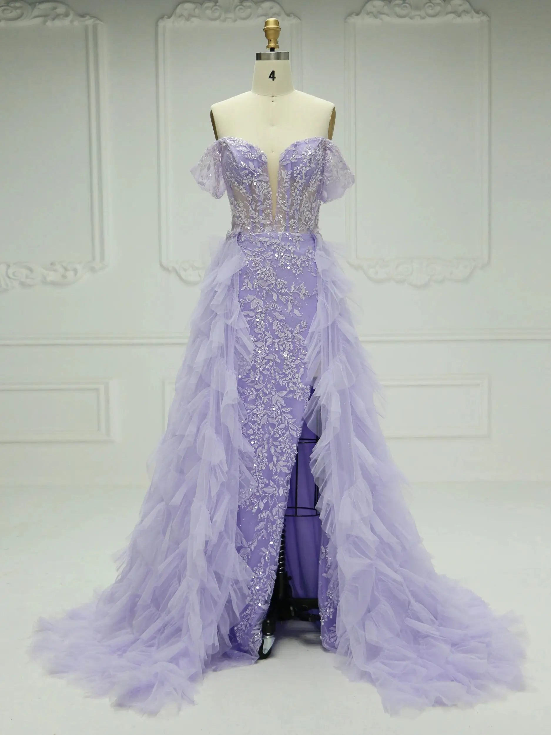 Lavender Off-shoulder Lace Gown With Ruffled Layers on Luulla