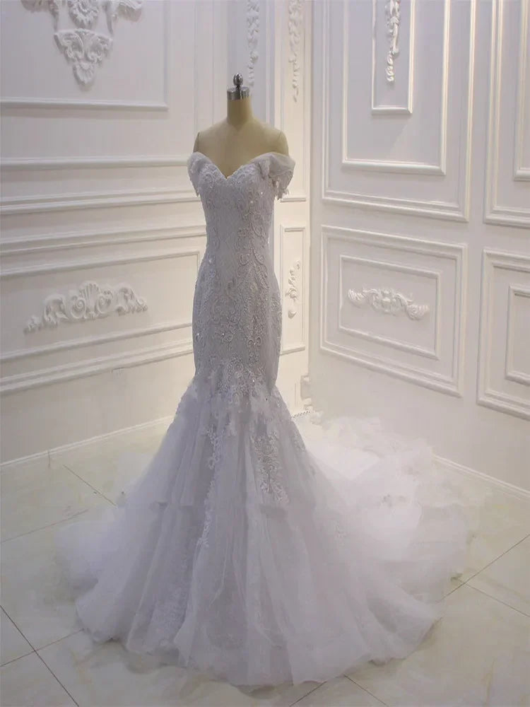 Off-Shoulder Sleeves Mermaid Gown with Lace Corset Top Peacock