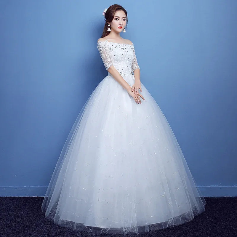 Off Shoulder Beaded A-line Lace Long Custom Cheap Wedding Bridal Dresses, WD302