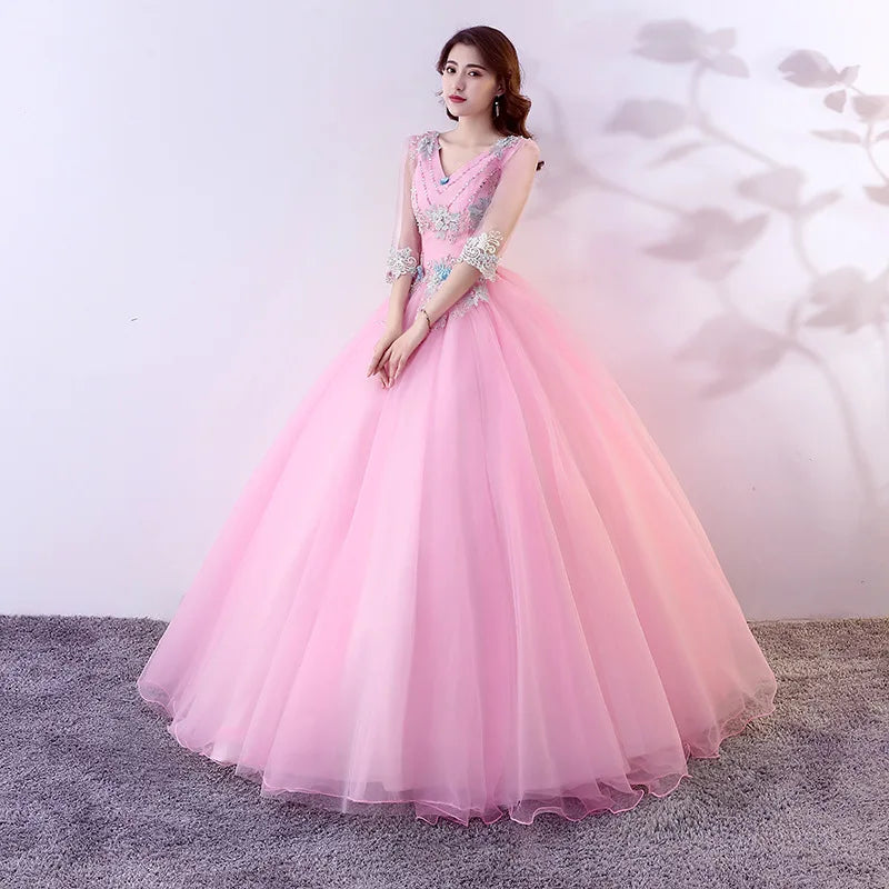 Pink Tulle Gown With Lace Floral Details on Luulla
