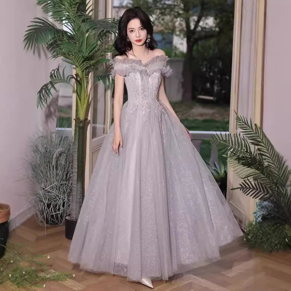 One-Shoulder Glitter Tulle Gown with Lace-Up Back Plum