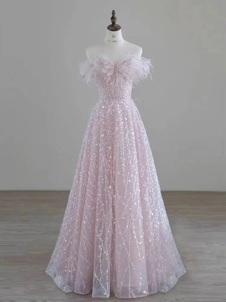 Sparkling Feathered Gown With Glittering Sequin Details on Luulla