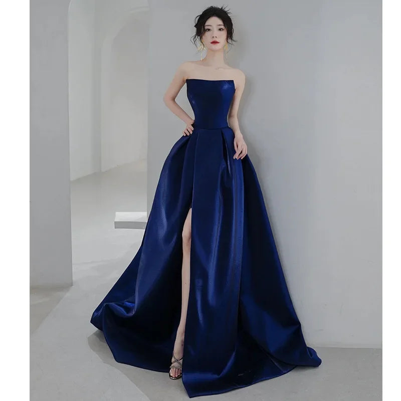 Half Sleeves Long Gown with Slit Ink Blue main image 0