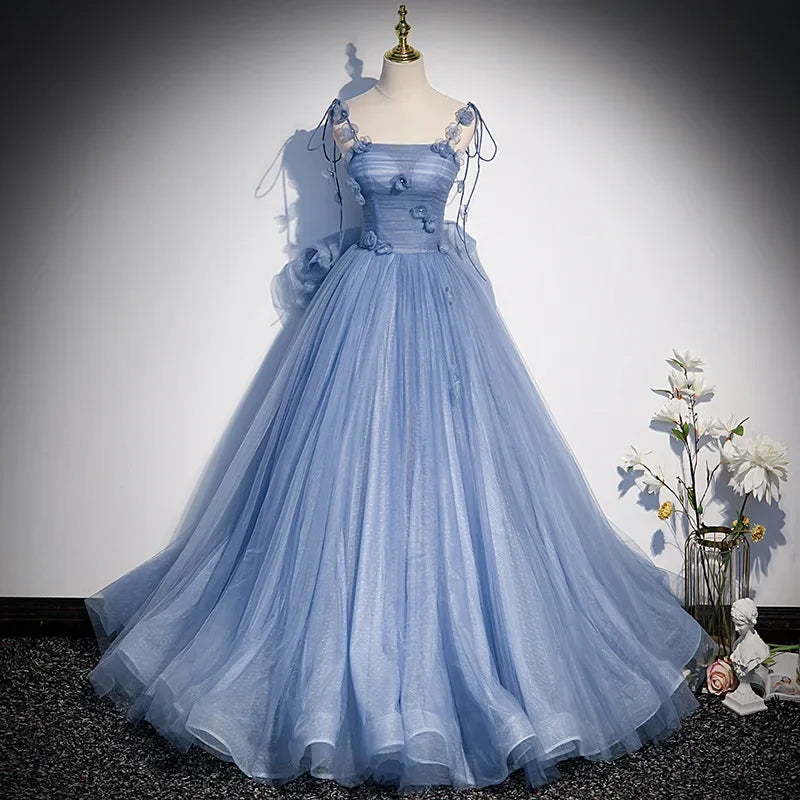 Blue Floral Tulle Gown With Spaghetti Straps on Luulla