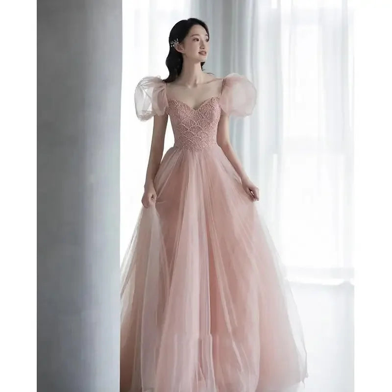 Romantic Pink Tulle Dress With Puff Sleeves on Luulla
