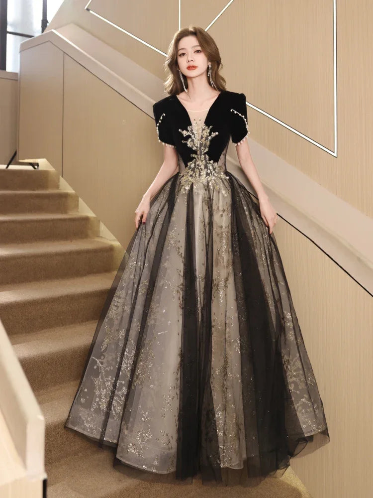 Embellished Long Black Velvet Gown main image 1