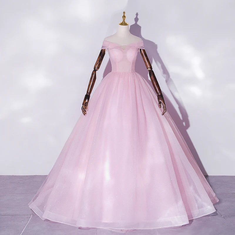 Soft Pink Ball Gown Off The Shoulder Tulle Long Prom Dress, Evening Dress