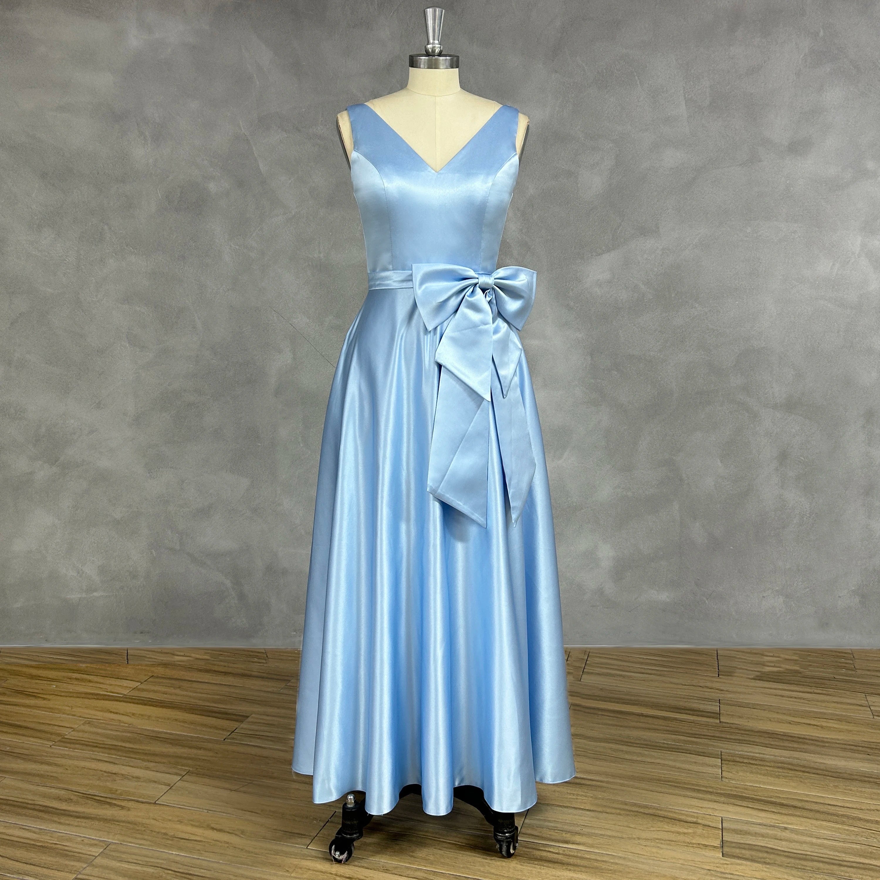 Sleeveless V-Neck Boned Bodice Satin Gown Ink Blue main image 1