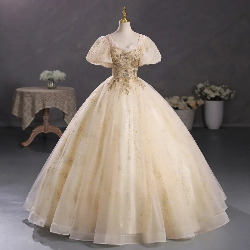 Ball Gown With Lace Appliqué And Puff Sleeves on Luulla
