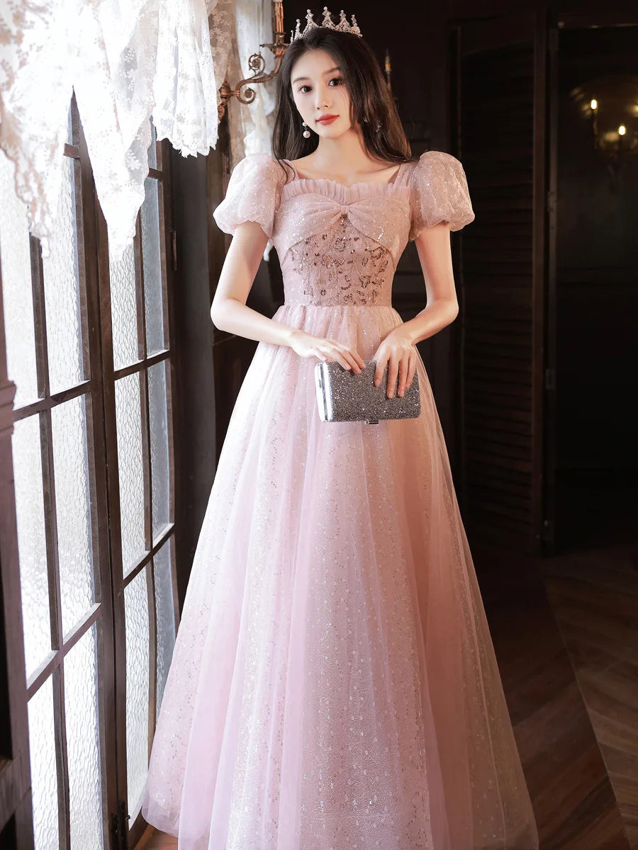 Sparkling Pink Gown With Puff Sleeves Detailing on Luulla
