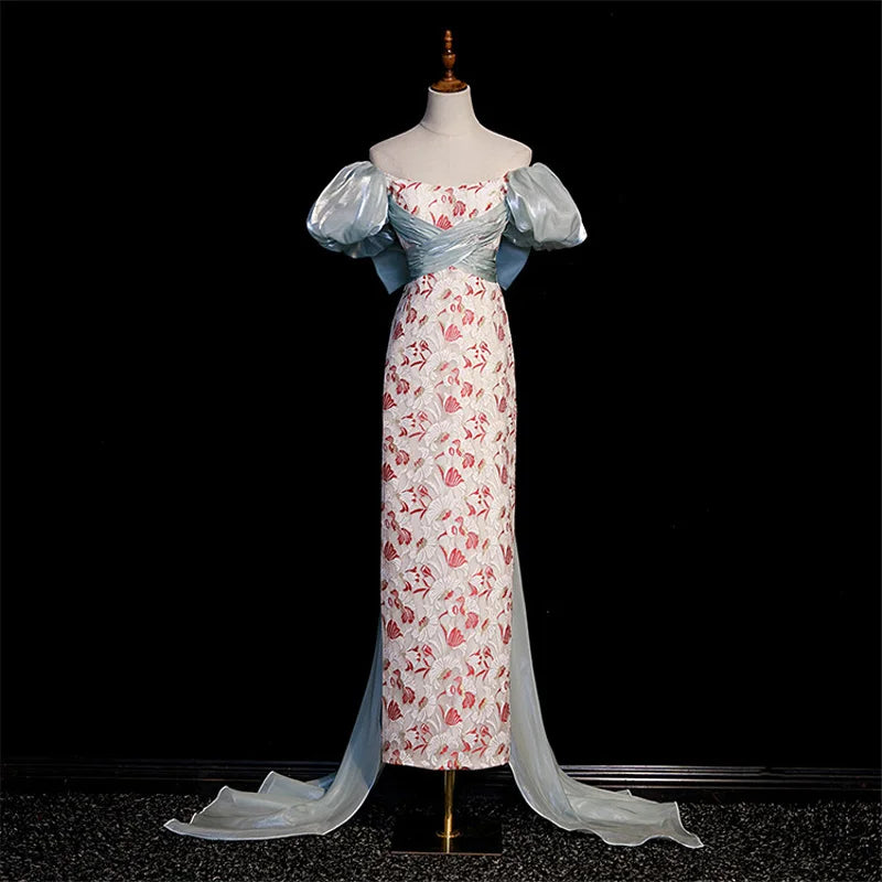 Floral Gown With Puff Sleeves And Train on Luulla