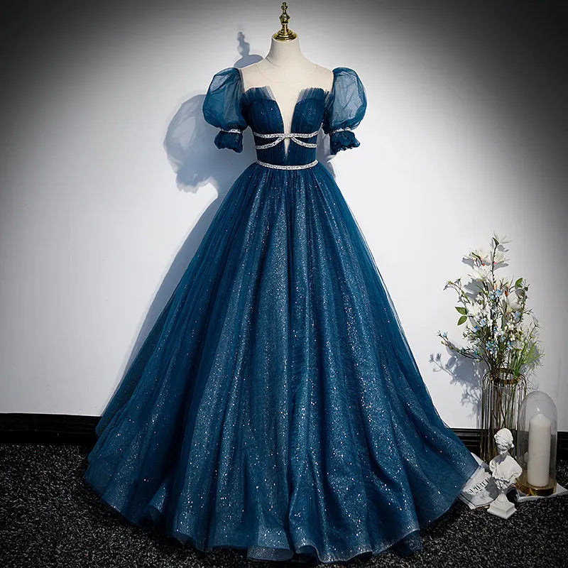 Blue Sparkly Ball Gown With Sheer Sleeves on Luulla