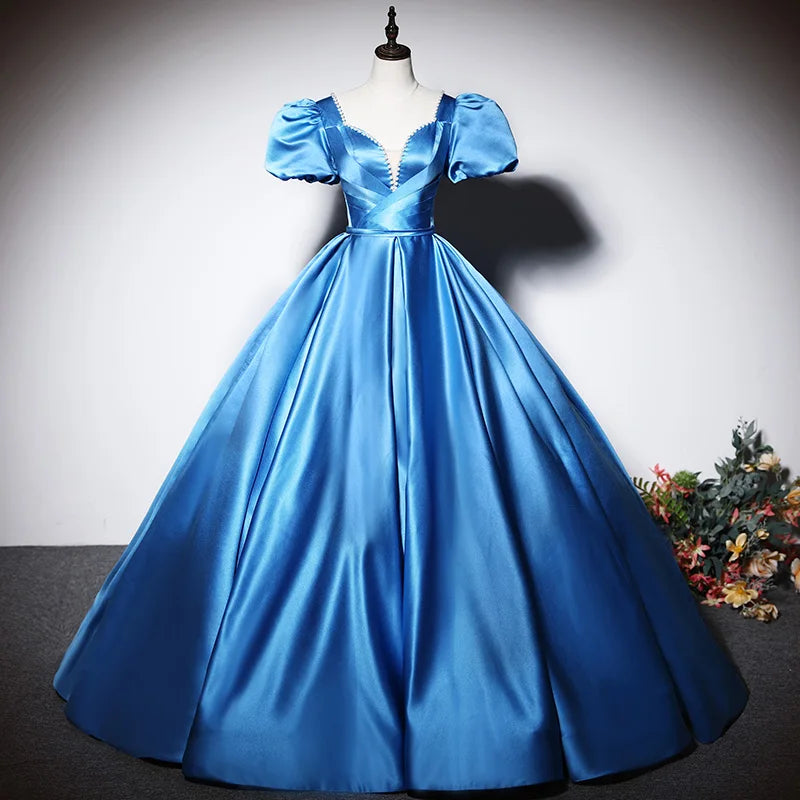 Satin V-Neck Gown with Puff Sleeves and Bow Turquoise